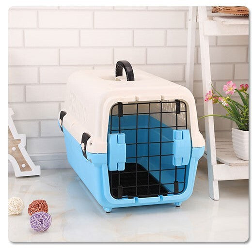 Portable Plastic Dog Cat Pet Pets Carrier Travel Cage With Tray-Blue