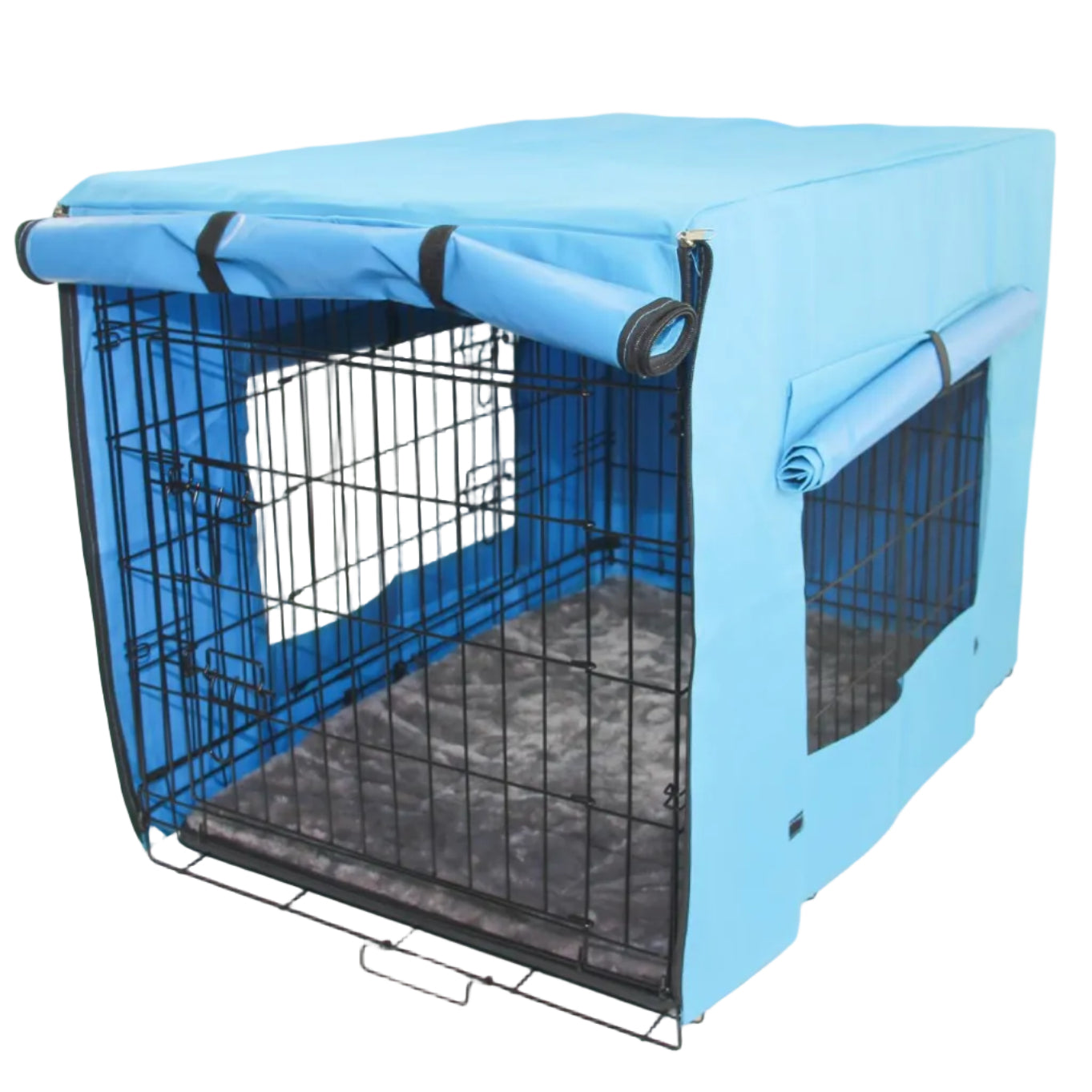 Pet crate with a blue cover on a white background