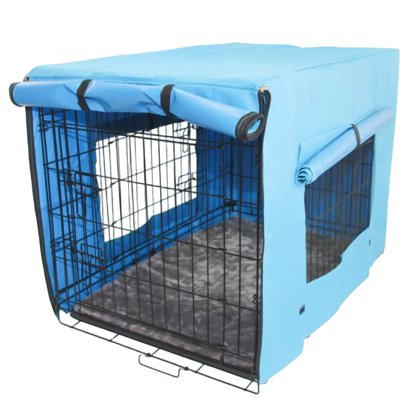 Pet cage with a blue cover on a white background