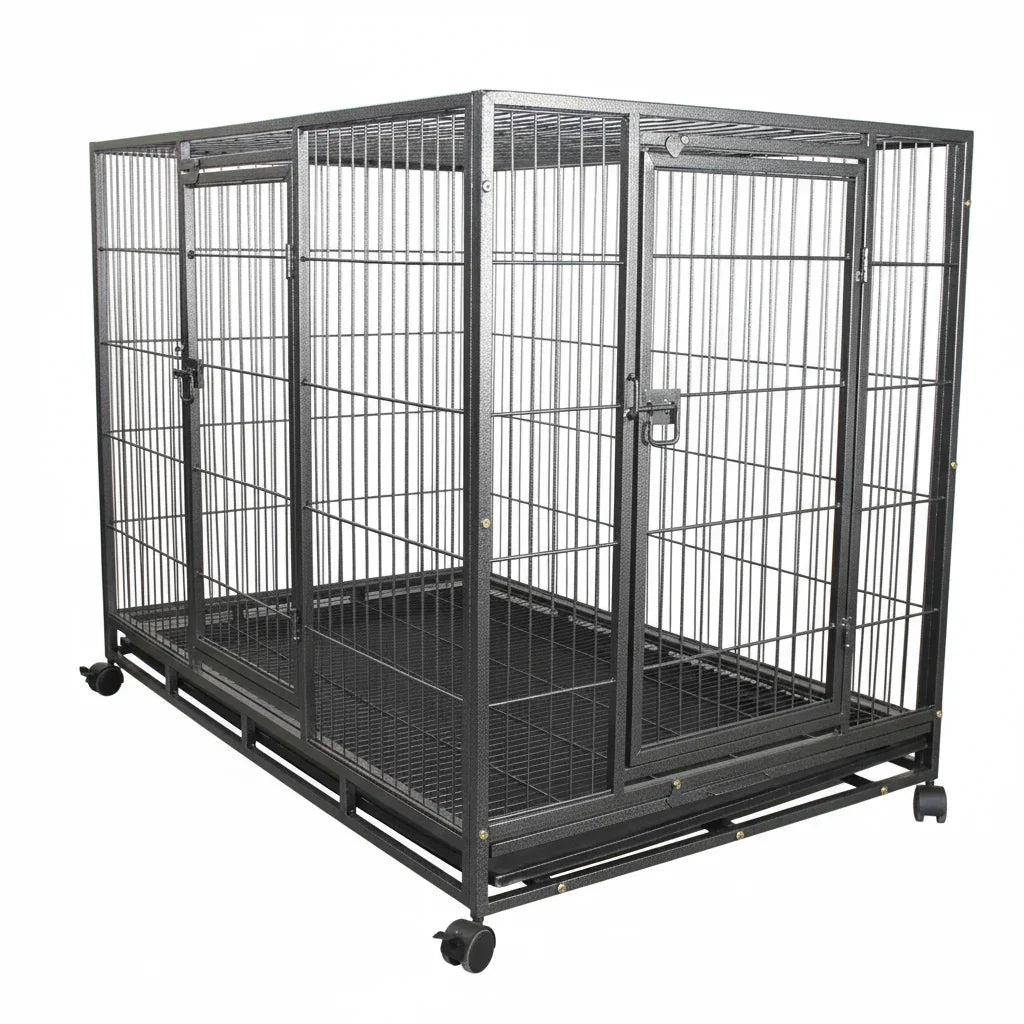 XL Metal Pet Cage – Heavy‑Duty Crate, Wheels, Dual Doors, Removable Tray