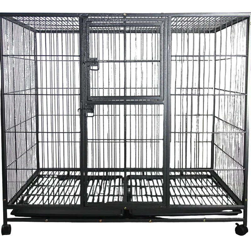 Large metal dog cage with wheels on a plain background