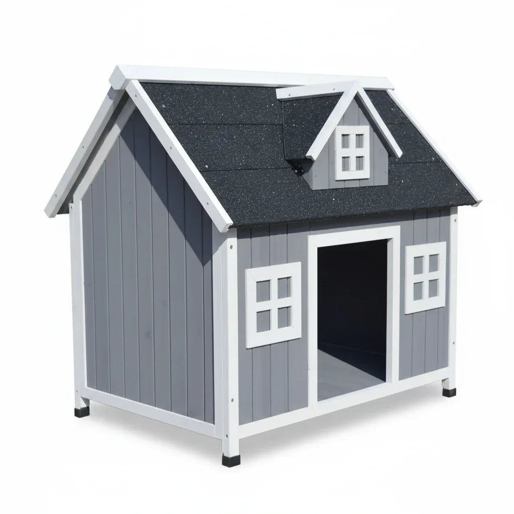 Large Timber Dog Kennel – Asphalt Roof, Raised Floor, Weatherproof, Grey