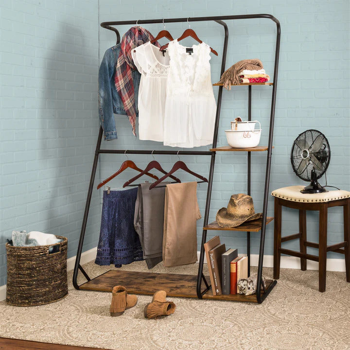 Freestanding Closet with 3 Shelves Organizer Storage Clothes Hanger Rail Garment Shelf Shoe Rack