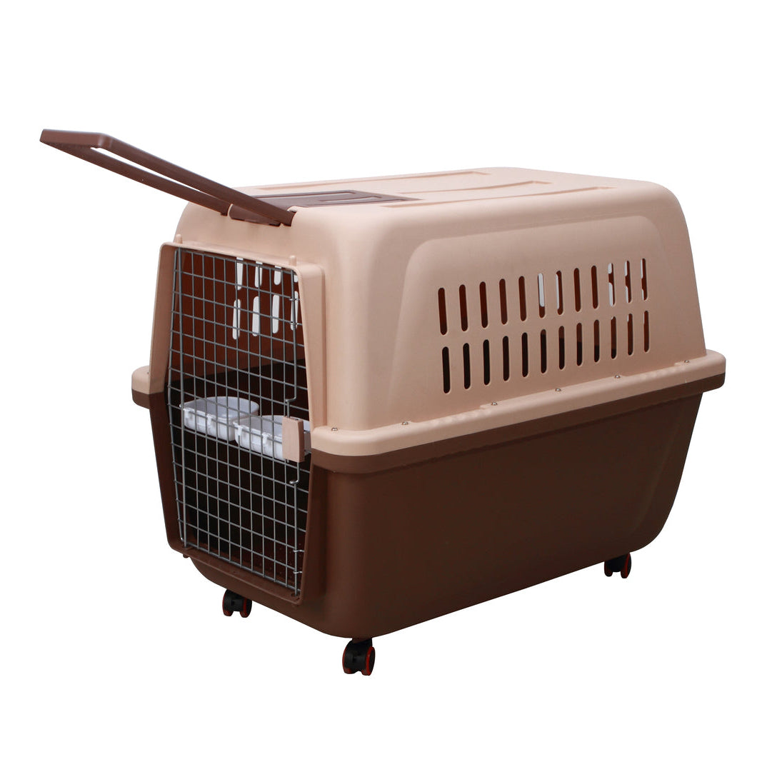 Pet carrier with beige top and brown bottom on a white background