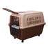Pet carrier with beige top and brown bottom on a white background