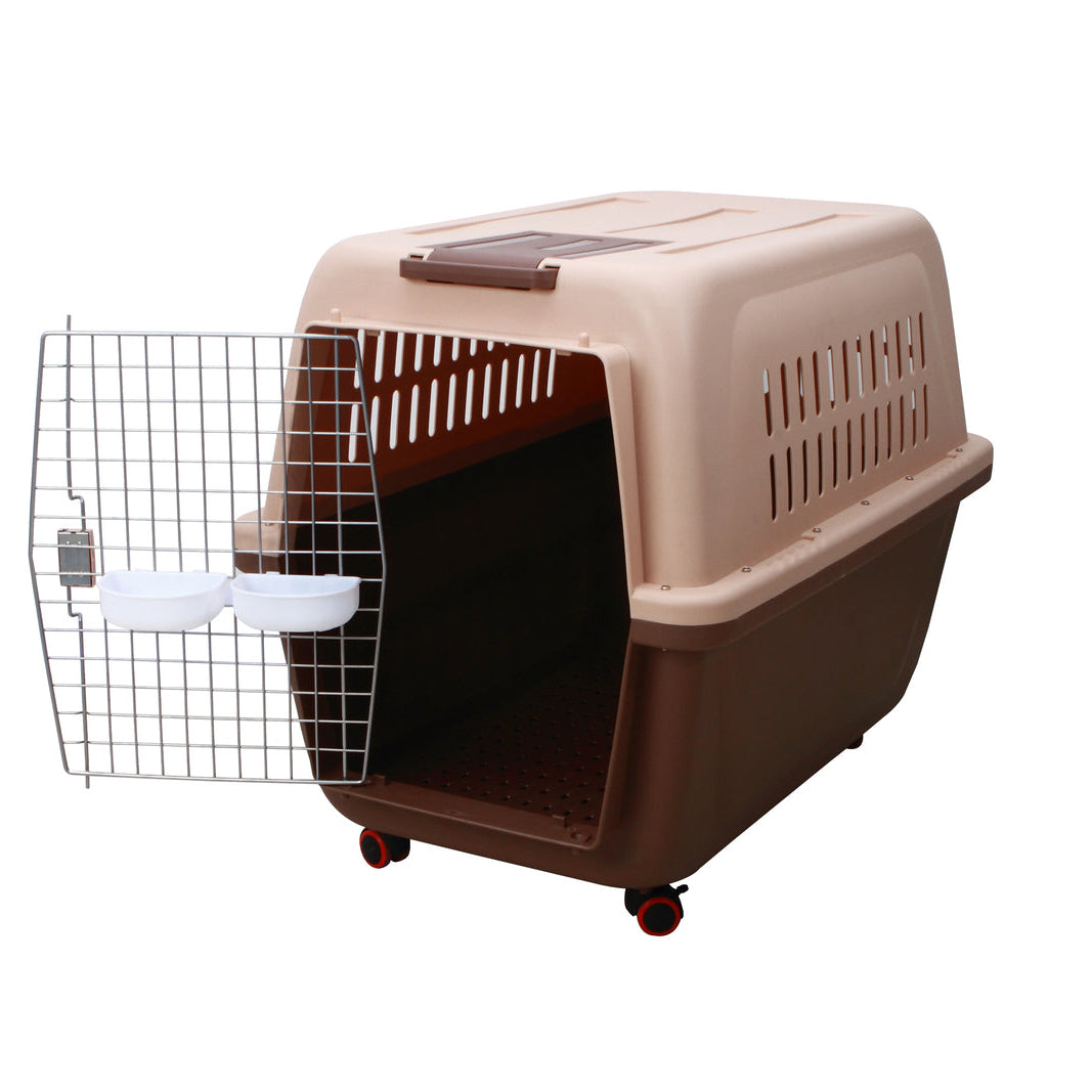 Pet carrier with a wire door on a white background