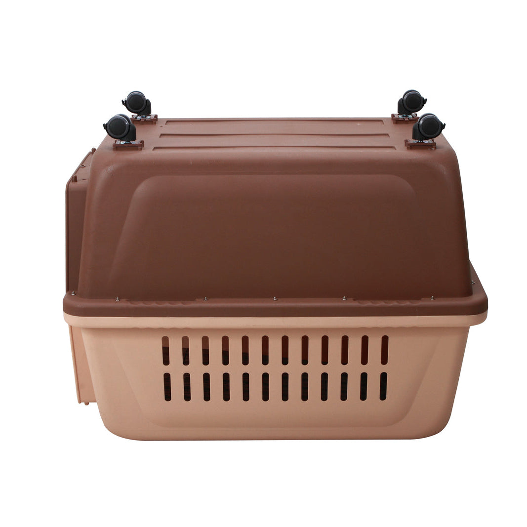 Brown pet carrier with a white background