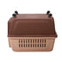 Brown pet carrier with a white background