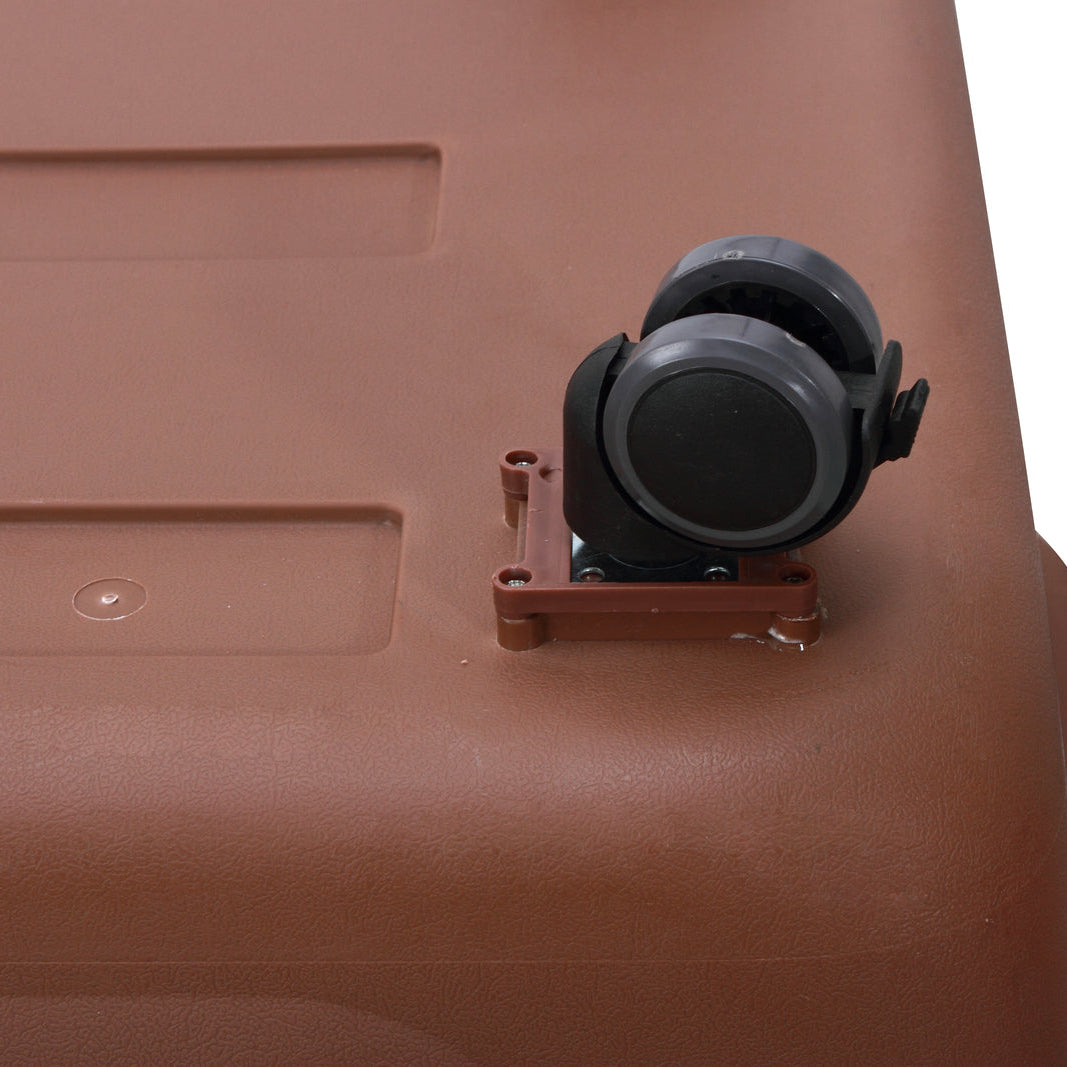 Close-up of a brown plastic container with a black valve on a white background