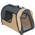 Pet carrier with beige exterior and black mesh sides on a white background