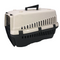 Pet carrier with black and beige design on a white background