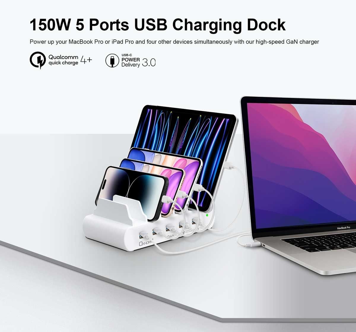 OXHORN NB-PD150D 150W GaN USB Charging Station 5 Port PD 3.0 QC Dock with Rack