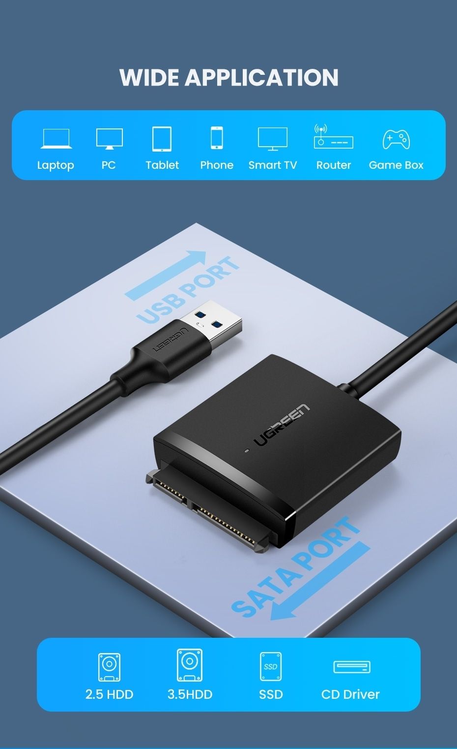 UGREEN 60561 SATA to USB 3.0 Adapter Cable UASP for 2.5in 3.5in HDD SSD 5Gbps