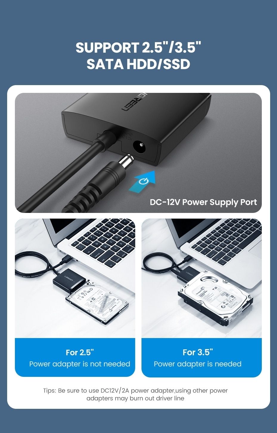 UGREEN 60561 SATA to USB 3.0 Adapter Cable UASP for 2.5in 3.5in HDD SSD 5Gbps
