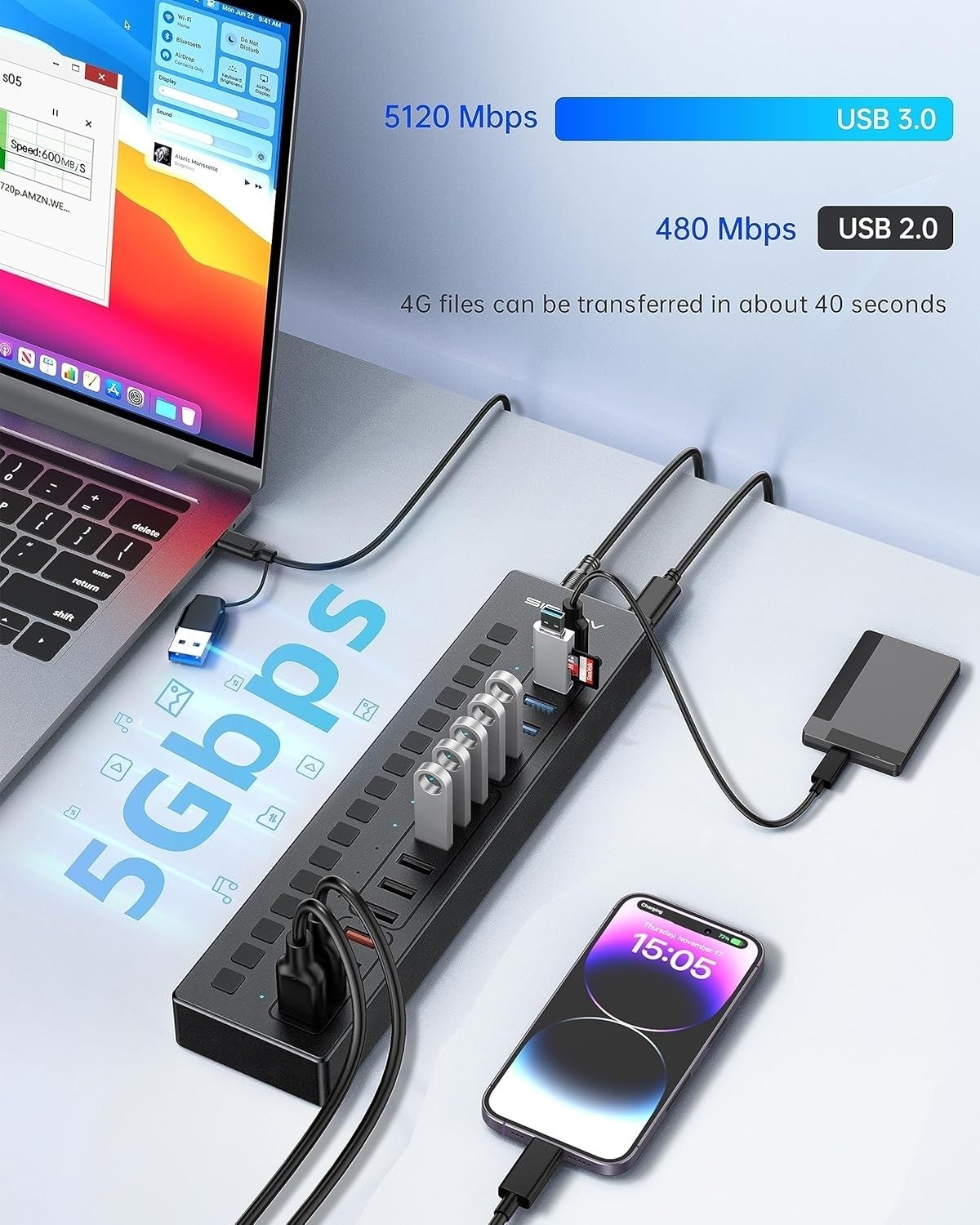 ACASIS DS-516PB 16-Port USB 3.2 Gen1 5Gbps 60W + On-Off Switch 4xUSB3.2 - 5Gbps, 10xUSB-A2.0, 2xUSB-C. 1xDC for Power Supply.