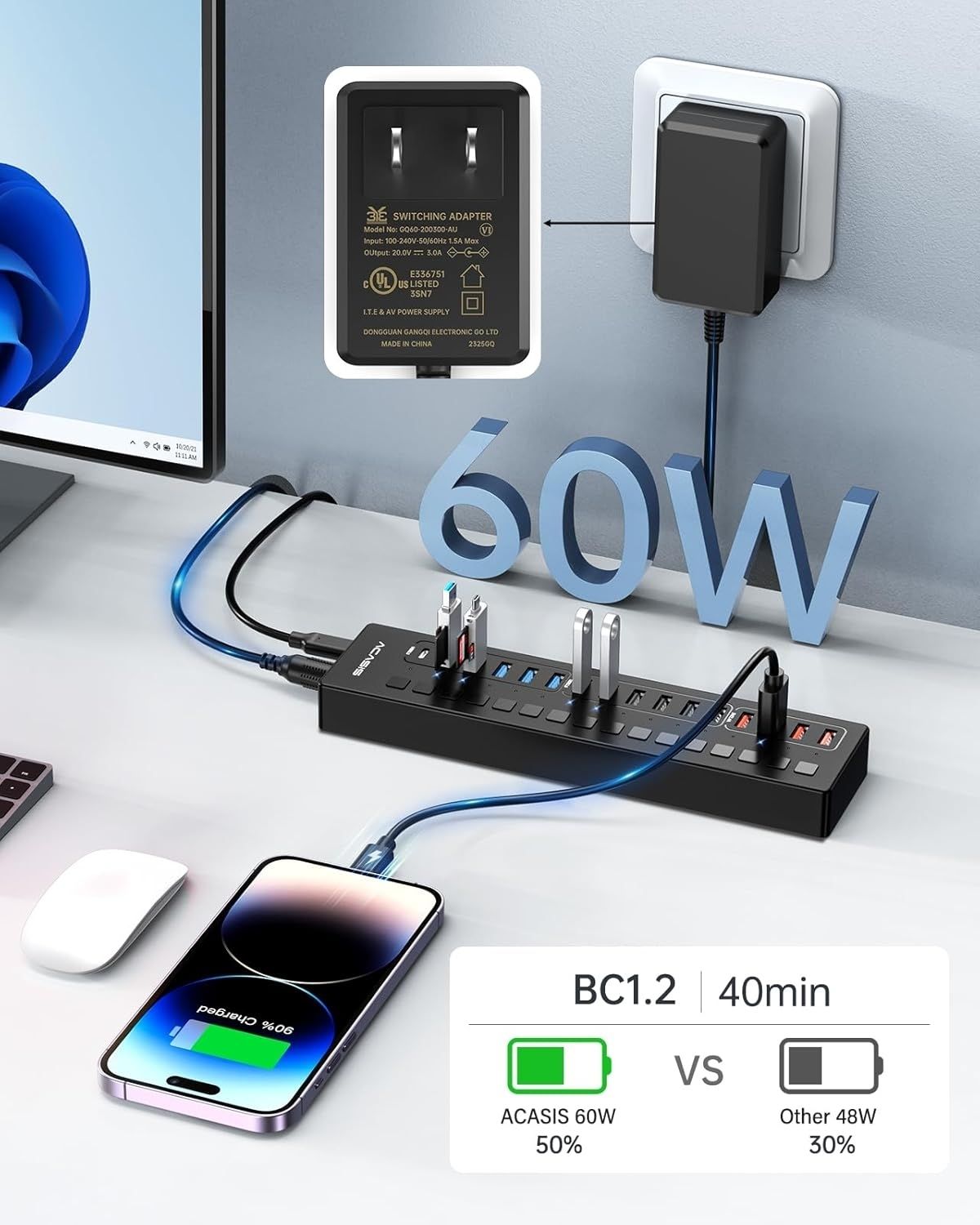 ACASIS DS-516PB 16-Port USB 3.2 Gen1 5Gbps 60W + On-Off Switch 4xUSB3.2 - 5Gbps, 10xUSB-A2.0, 2xUSB-C. 1xDC for Power Supply.
