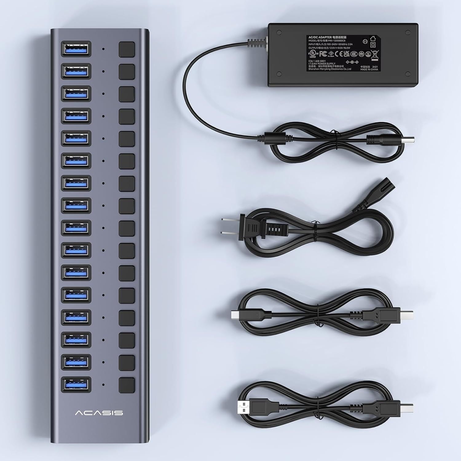 HS-716MG USB 3.2 Gen2 10Gbps 12V/8A 16 Port USB-A + On/Off Switch with AC Power Adapter for PC & Laptop