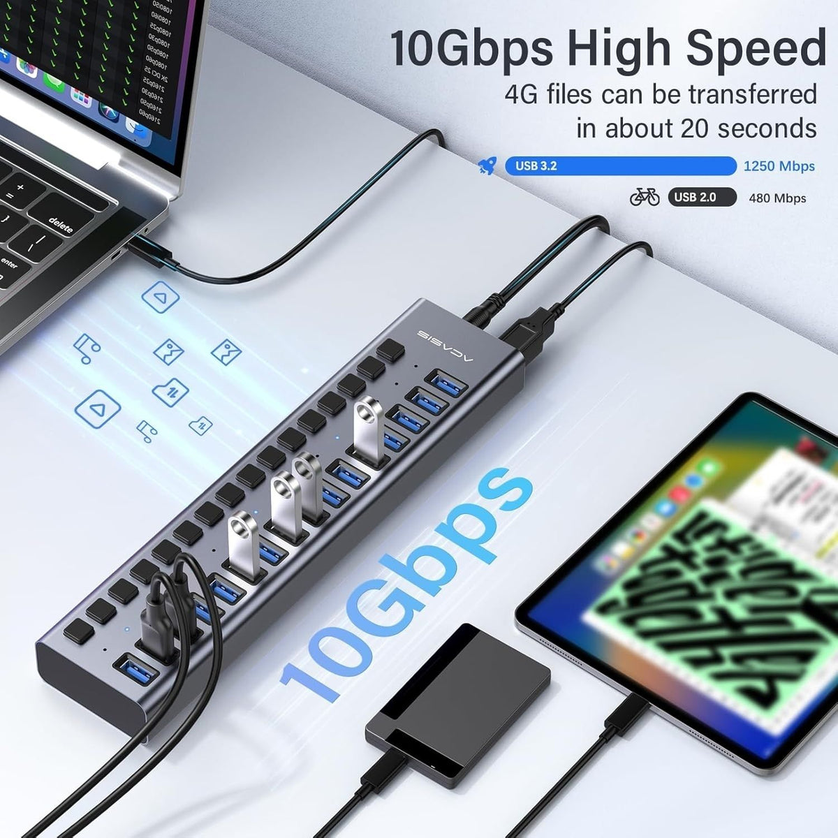 HS-716MG USB 3.2 Gen2 10Gbps 12V/8A 16 Port USB-A + On/Off Switch with AC Power Adapter for PC & Laptop