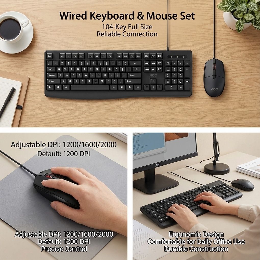 AOC KM170B Wired USB Keyboard and Mouse Combo Full Size Optical 1.5m Cable Black