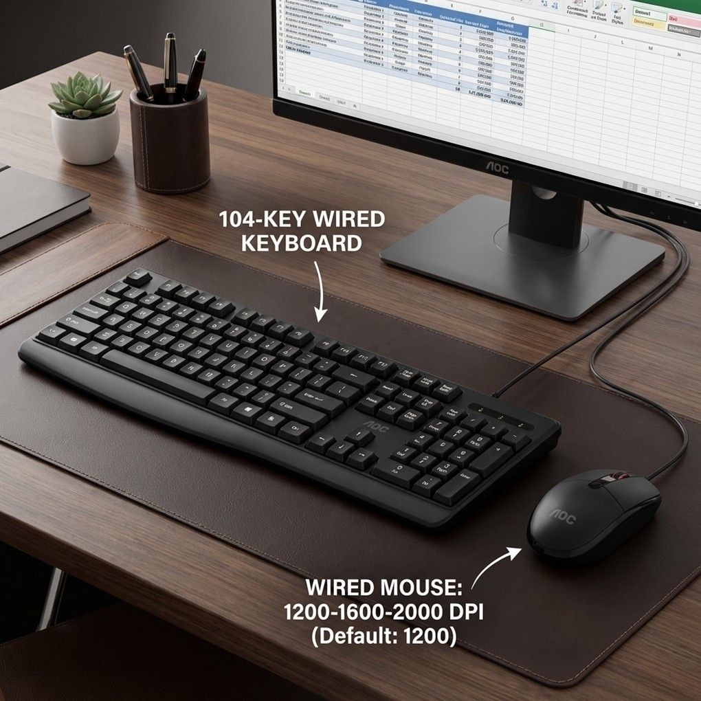 AOC KM170B Wired USB Keyboard and Mouse Combo Full Size Optical 1.5m Cable Black