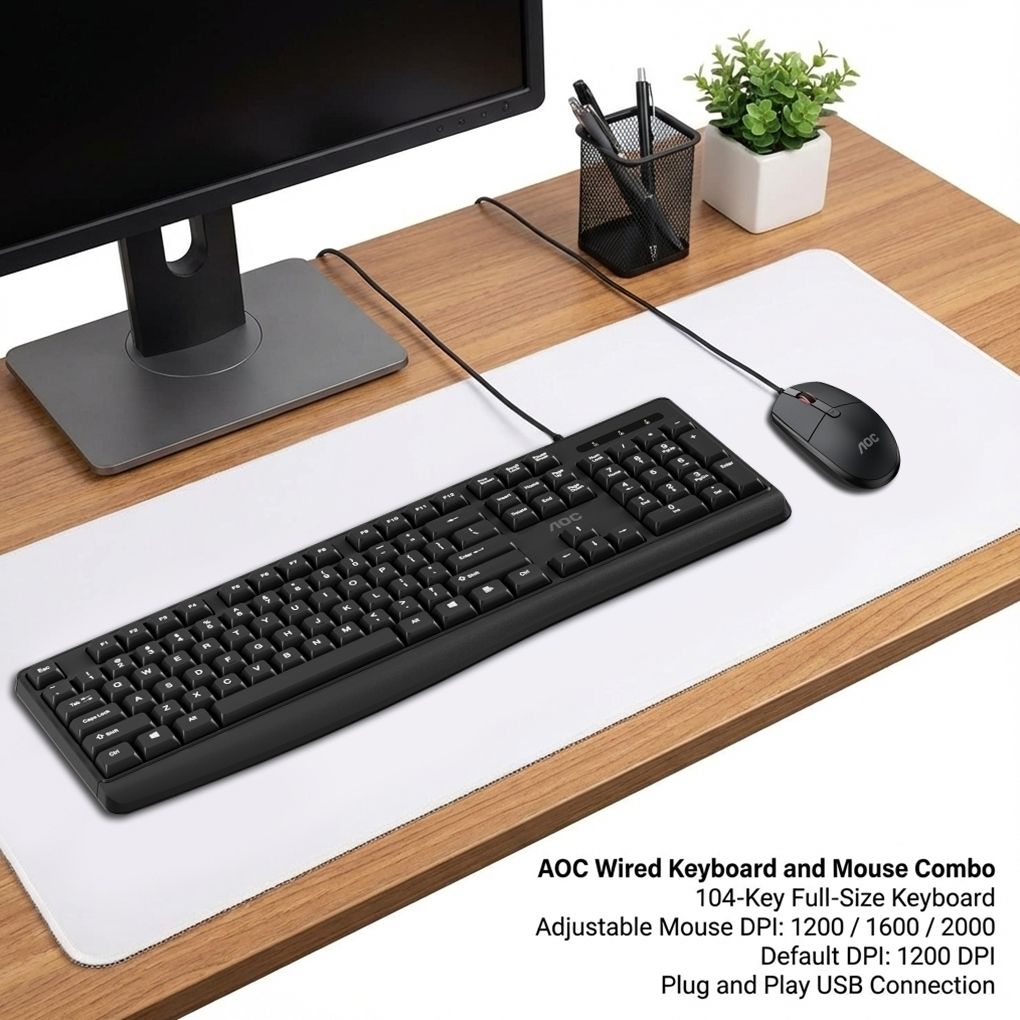 AOC KM170B Wired USB Keyboard and Mouse Combo Full Size Optical 1.5m Cable Black