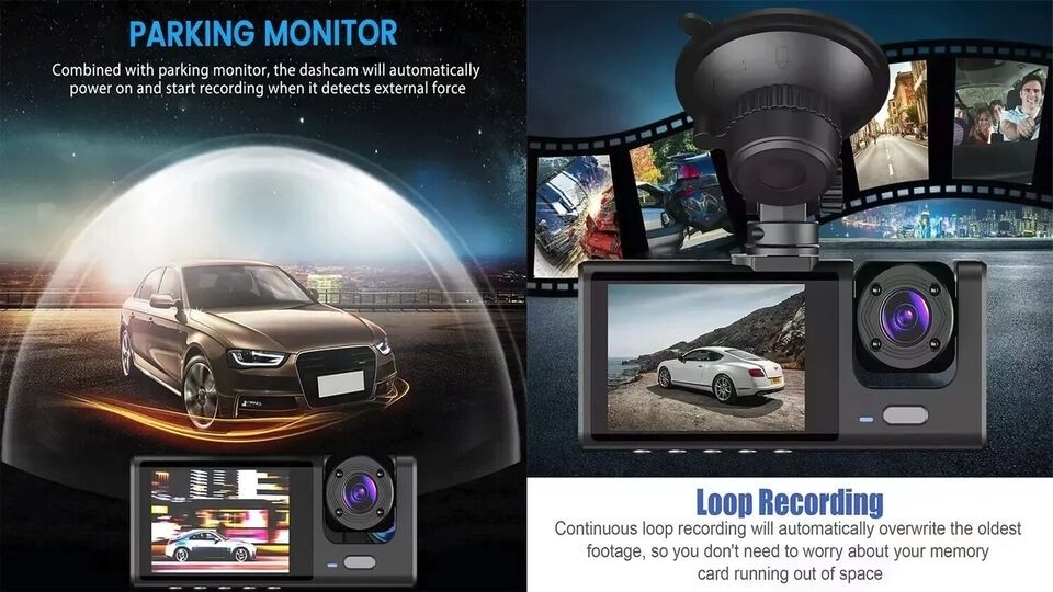 C309 3-Camera 1080P Front & 720P Inside 2 Inch Screen + 480P Back Dash Cam