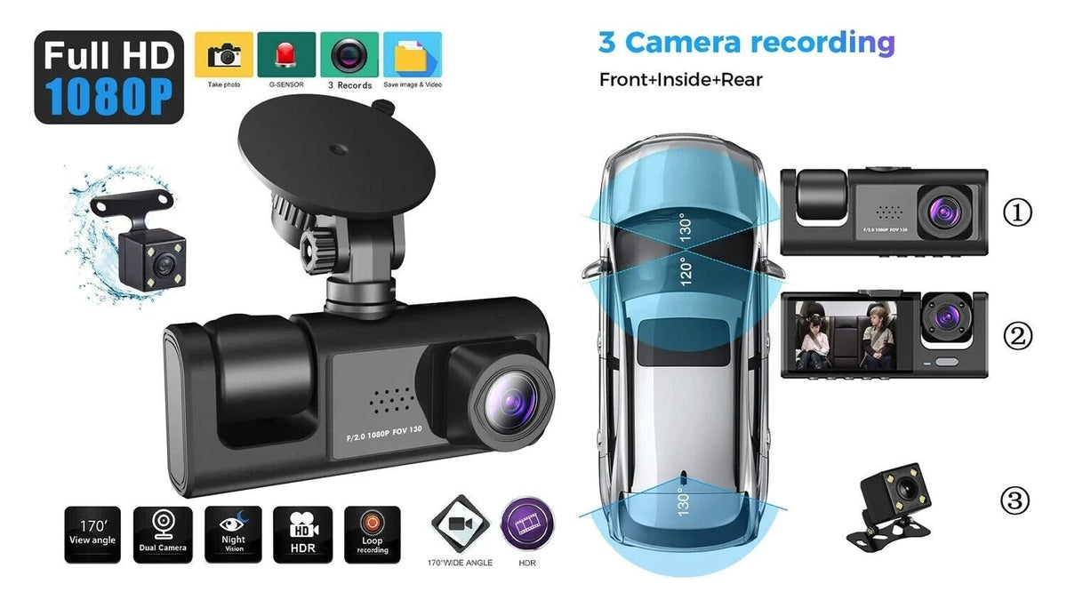 C309 3-Camera 1080P Front & 720P Inside 2 Inch Screen + 480P Back Dash Cam