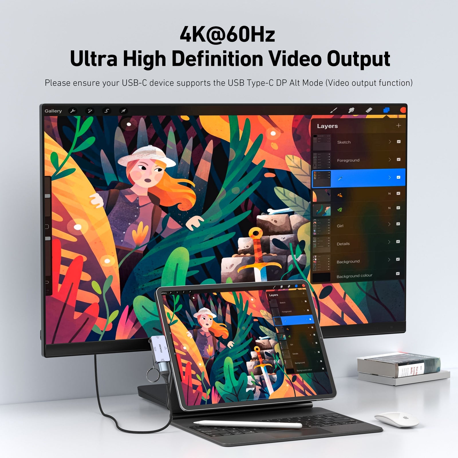 BENFEI 000391GY USB C to HDMI 4K@60Hz, 10Gbps USB-A, 100W Power Delivery