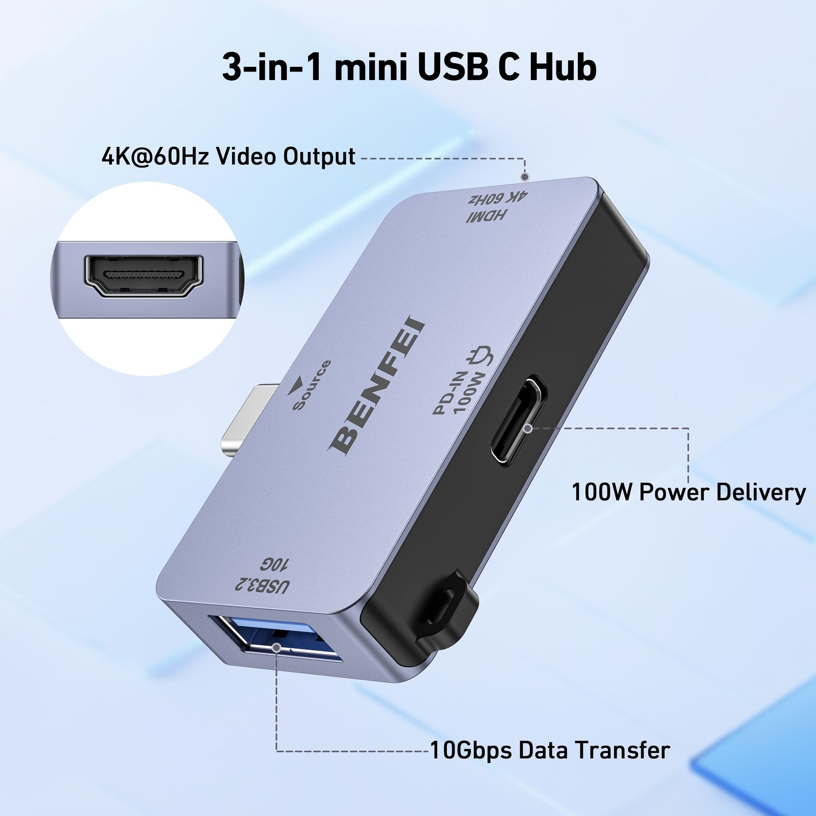 BENFEI 000391GY USB C to HDMI 4K@60Hz, 10Gbps USB-A, 100W Power Delivery