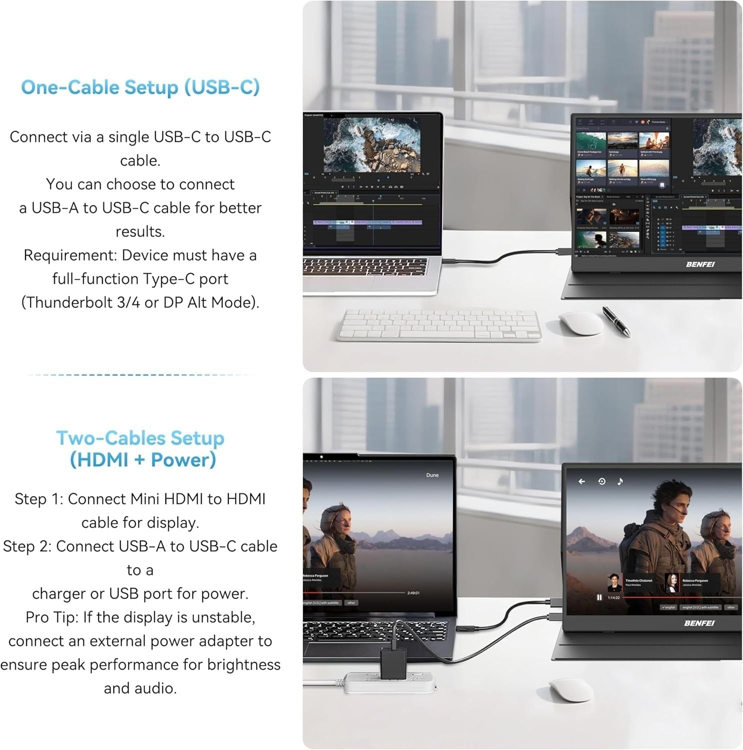 BENFEI 000451BK 15.6" FHD Portable Monitor USB-C HDMI IPS HDR Gaming Display w/ Speakers