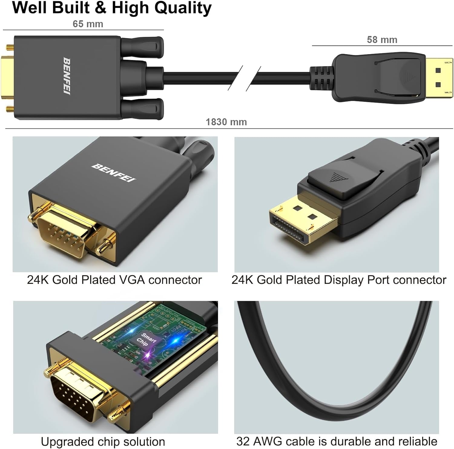 000123BK-10F Uni-Directional DP DisplayPort to VGA Cable Male-Male Gold-Plated Cord 3M