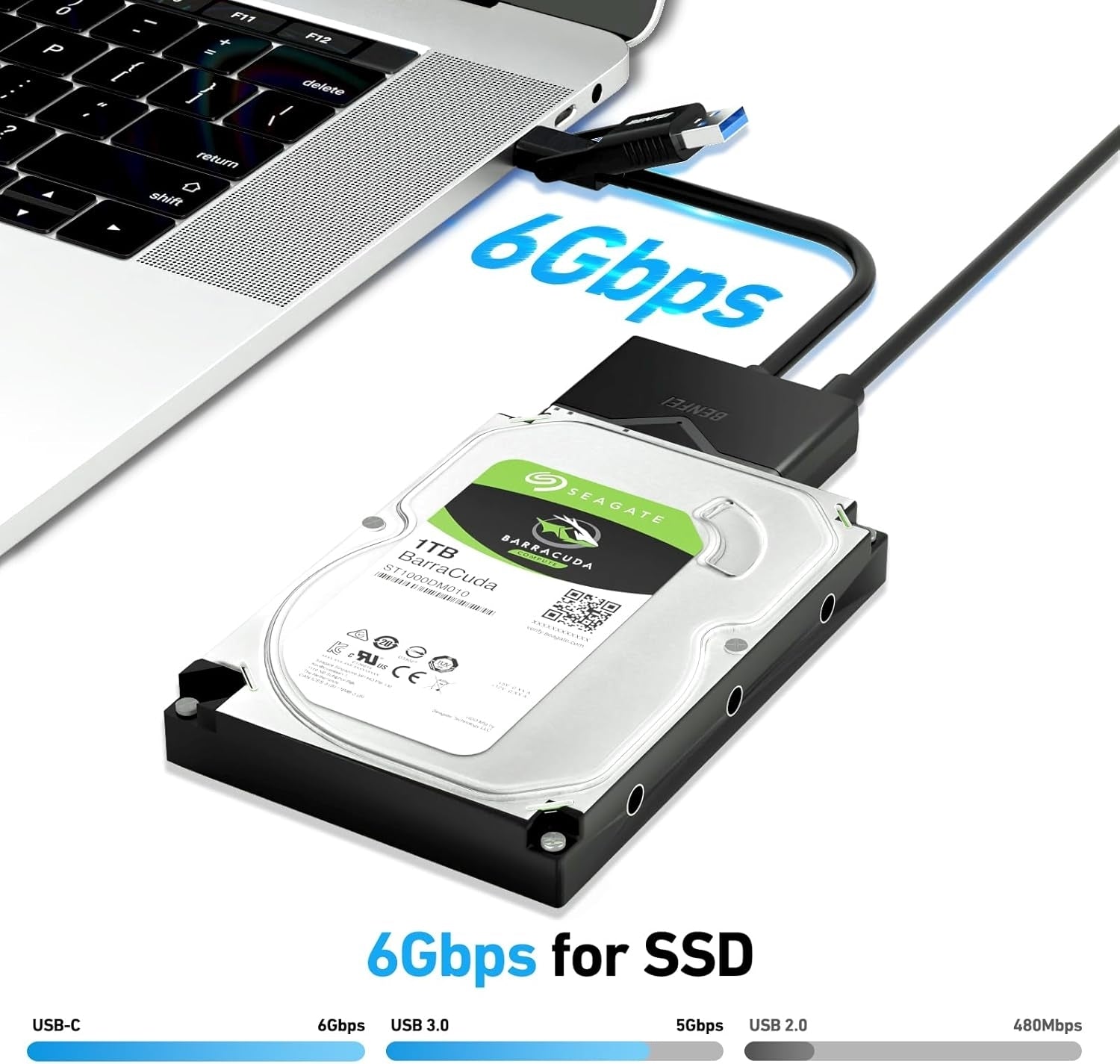 BENFEI 221BK USB 3.0 to SATA III Hard Drive Adapter for 2.5/3.5-inch HDD/SSD with 12V/2A Power Adapter, Support UASP