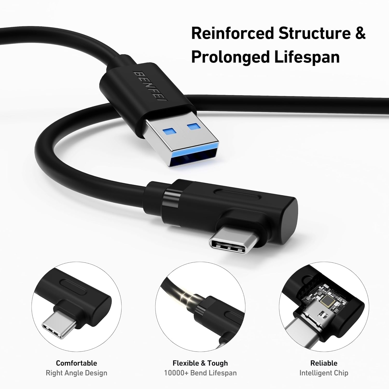 BENFEI 375BK-2M USB 3.0 to Right Angled USB-C PVC 2M