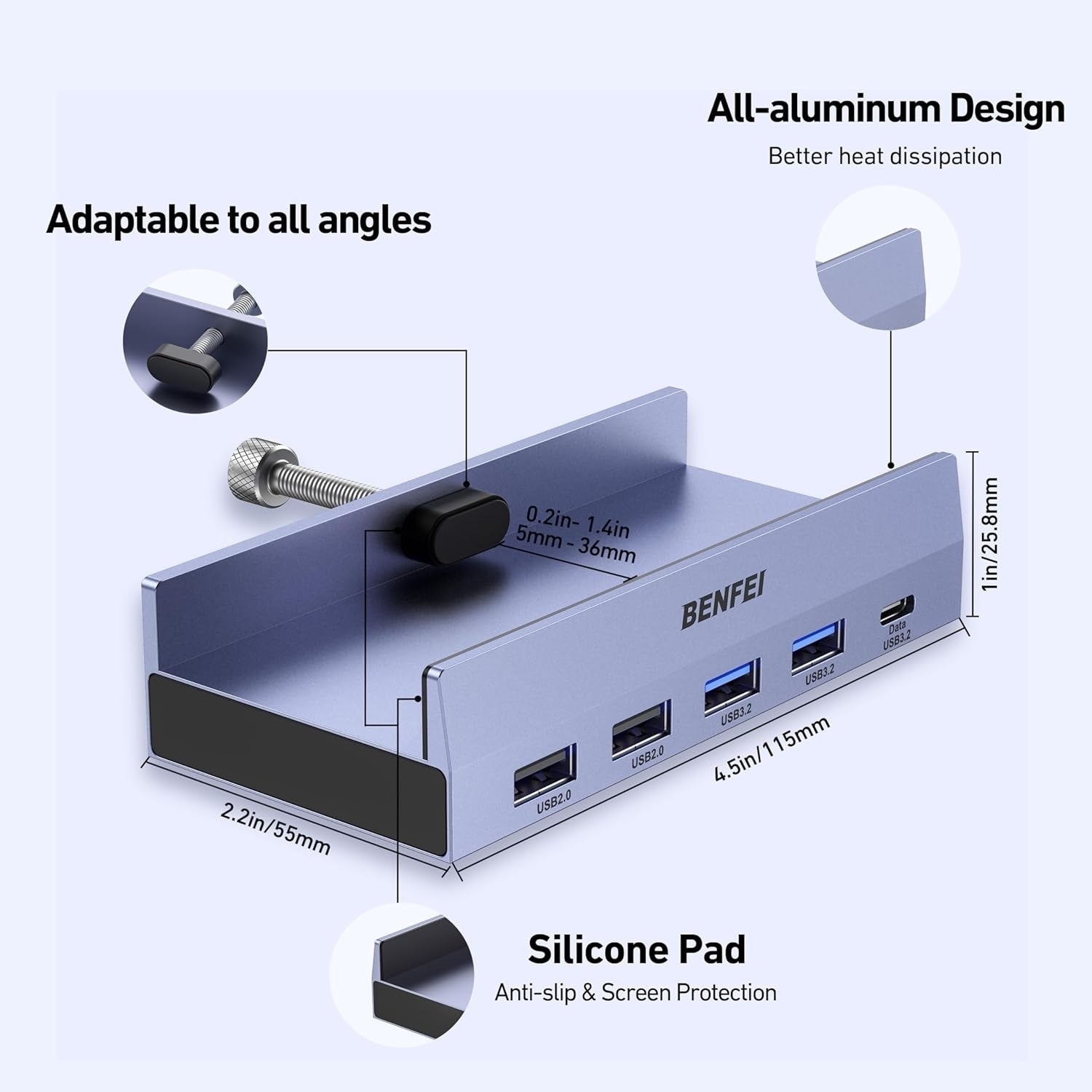 BENFEI 396GY USB-C 8-in-1 Docking HDMI 4K/60Hxz+USB-C(10G)+2xUSB-A(10G)+2xUSB2.0+RJ45+PD100W