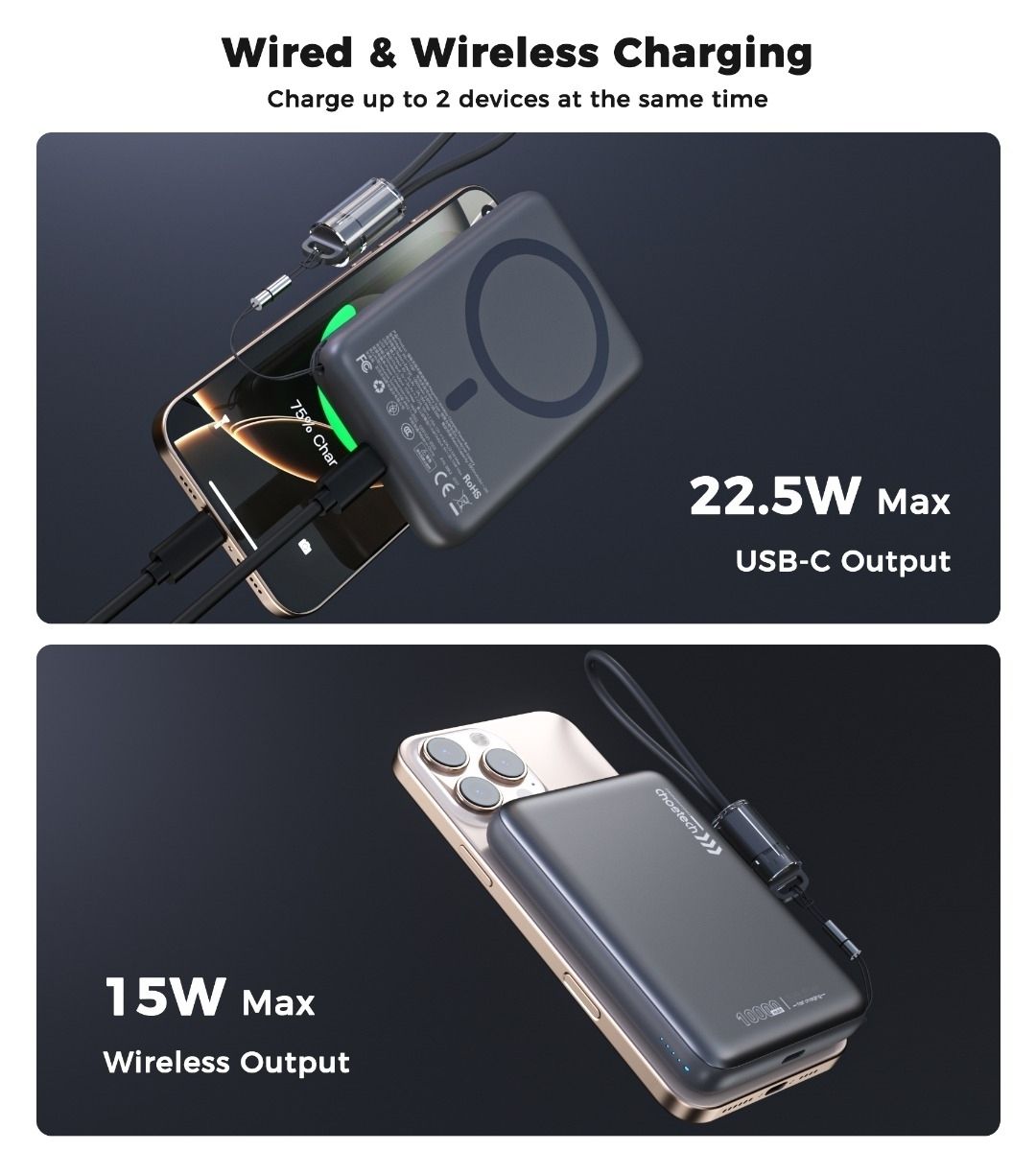 CHOETECH B-862 10000mAh Ultra Slim Magnetic Power Bank 20W PD 15W Wireless Grey