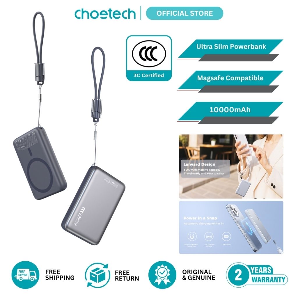 CHOETECH B-862 10000mAh Ultra Slim Magnetic Power Bank 20W PD 15W Wireless Grey