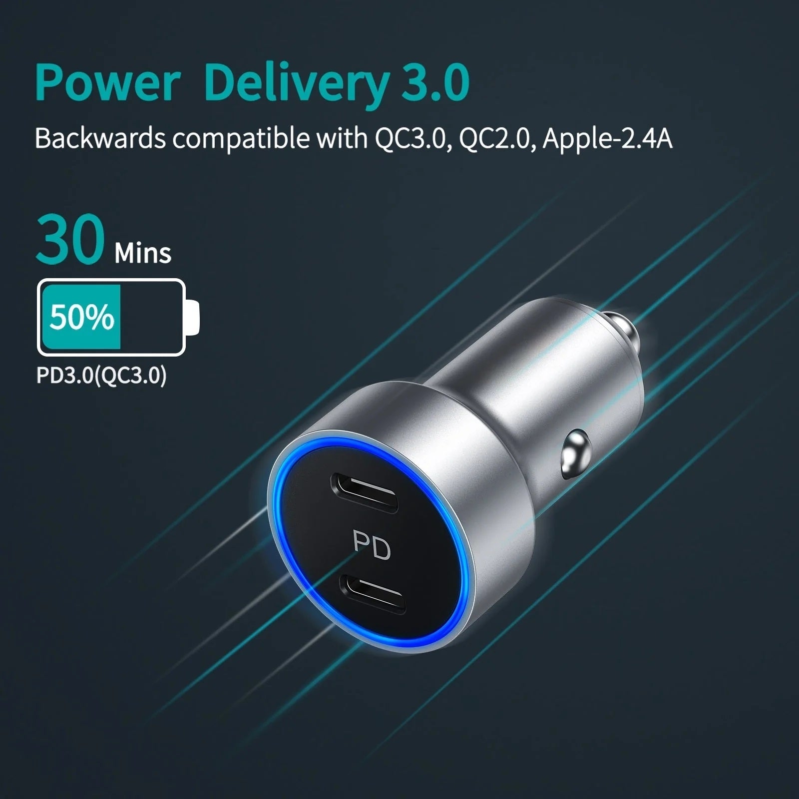 C0054-SL Dual Port PD 40W USB-C Car Charger Adapter Silver