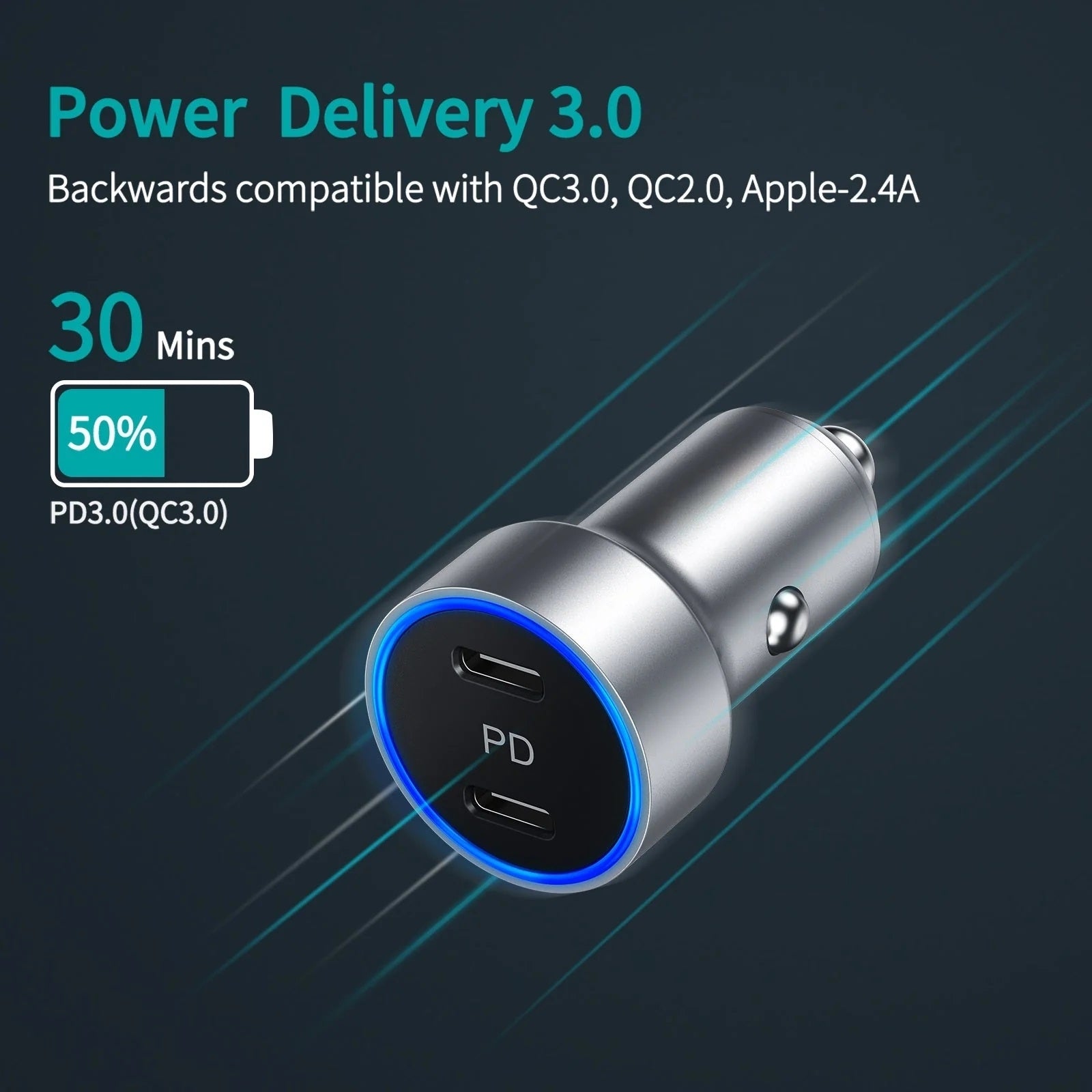 CHOETECH C0054-SL Dual Port PD 40W USB-C Car Charger Adapter Silver