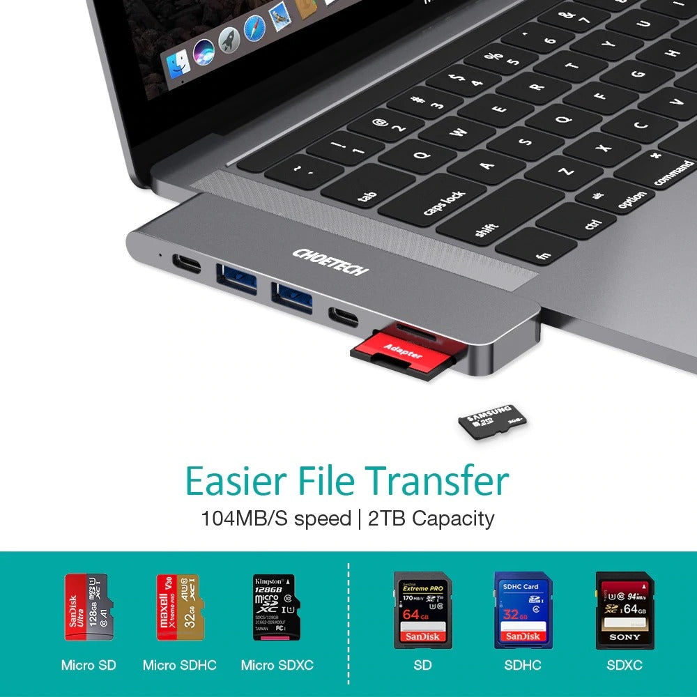 CHOETECH HUB-M14 7-in-1 USB-C Hub for MacBook Pro Air Thunderbolt 3 4K HDMI SD
