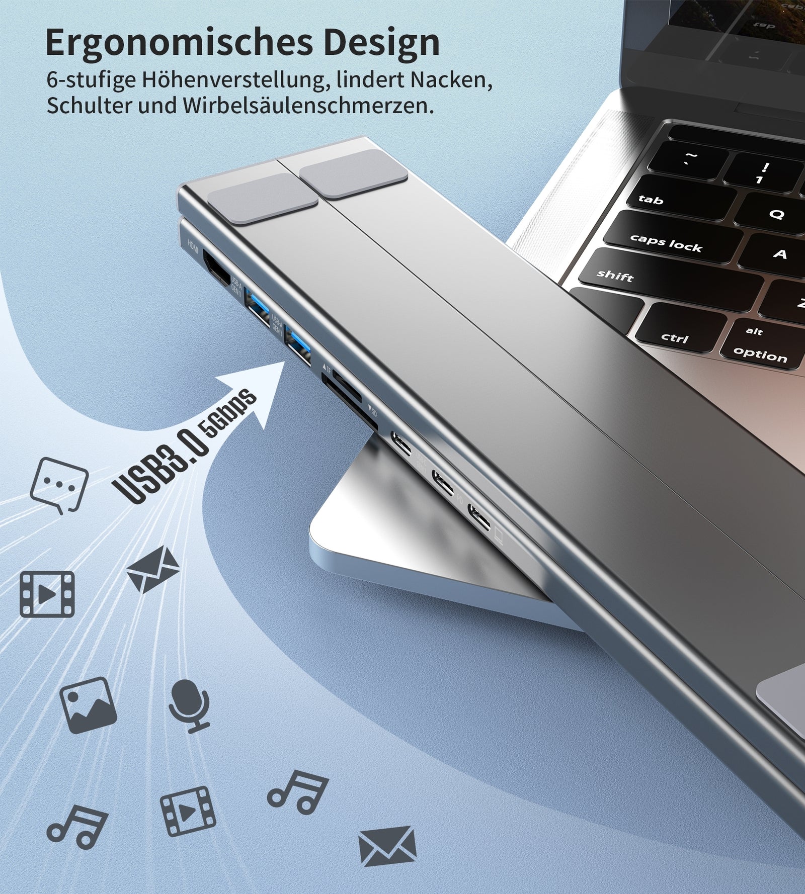 HUB-M48 7-in-1 Hub + Foldable Laptop stand USB-C to HDMI 4K/USB-A/TF&SD/USB-C with PD Charging