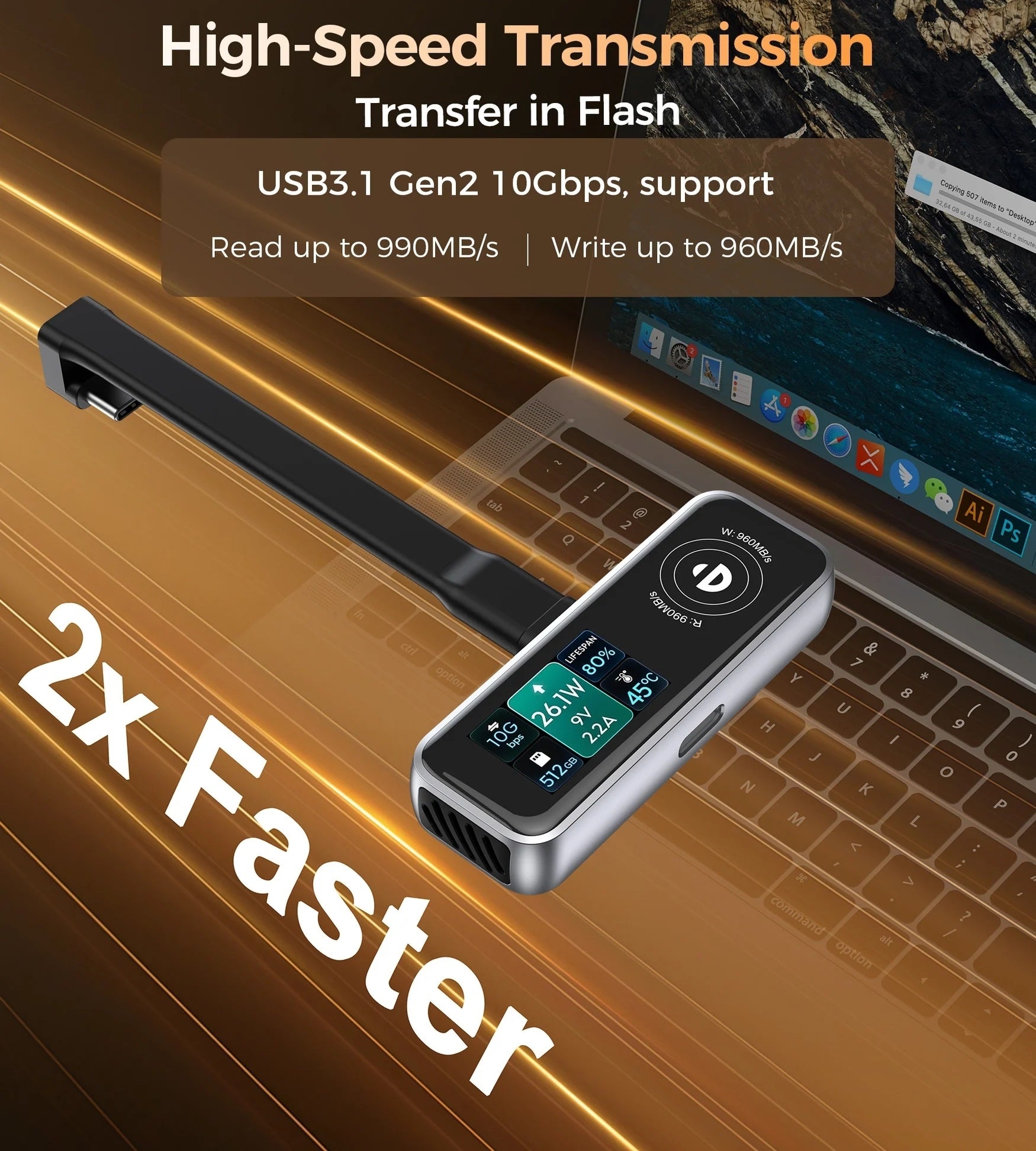 CHOETECH MSE023 512GB Magnetic Phone SSD 10Gbps USB-C Cooling Fan iPhone ProRes