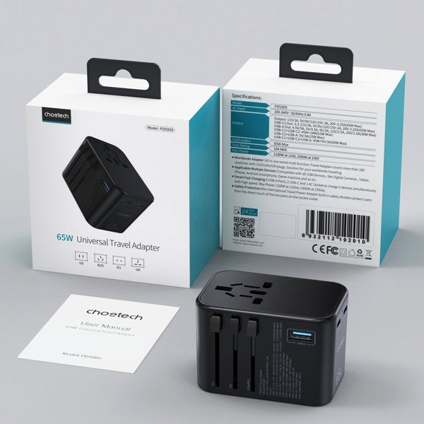 Choetech PD5009 65W GaN PD Travel Wall Charger, 3 Ports, Fast Charge Set