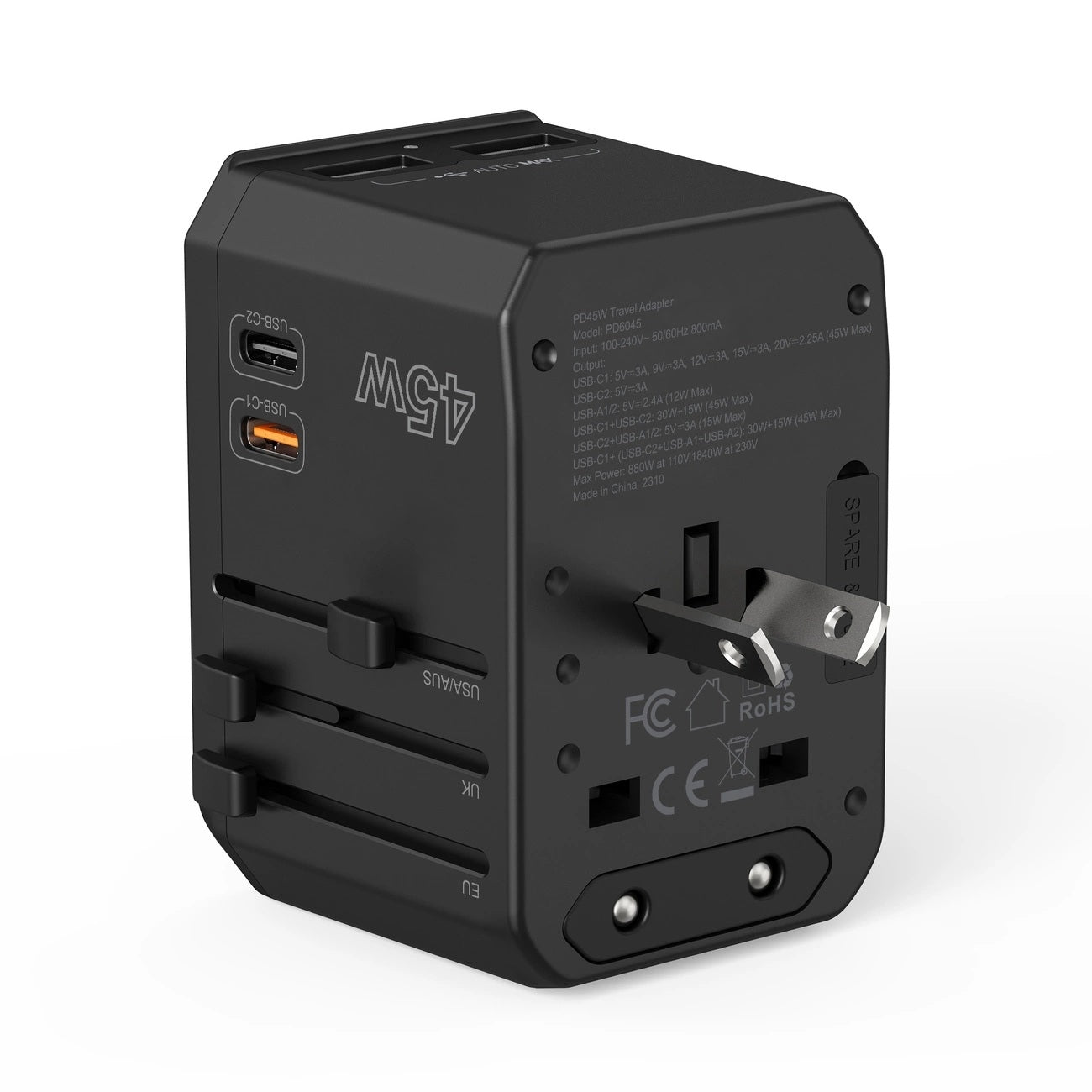 PD6045 GaN Tech 2C+2A 45W Travel Adapter with US EU UK AU Plugs Black