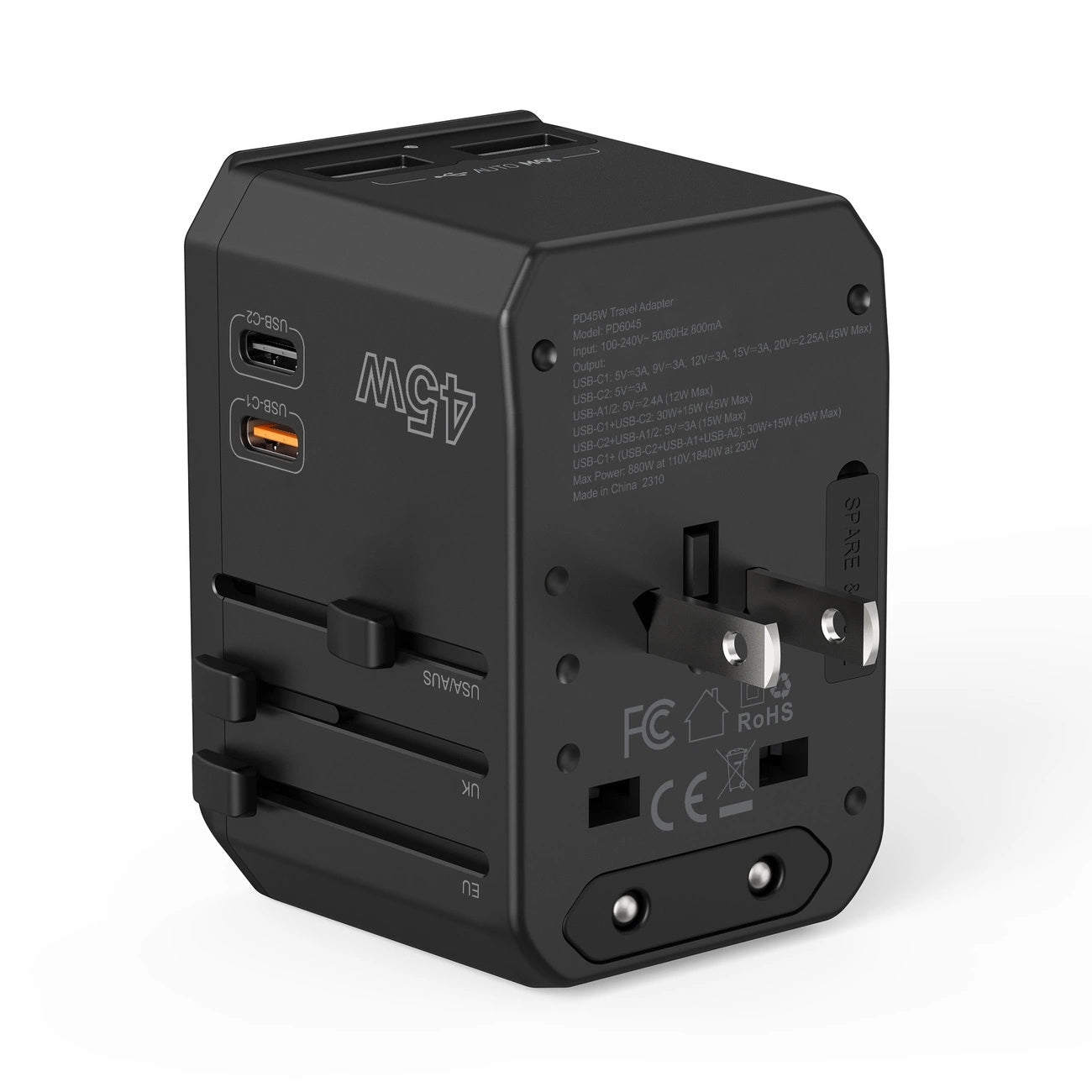PD6045 GaN Tech 2C+2A 45W Travel Adapter with US EU UK AU Plugs Black