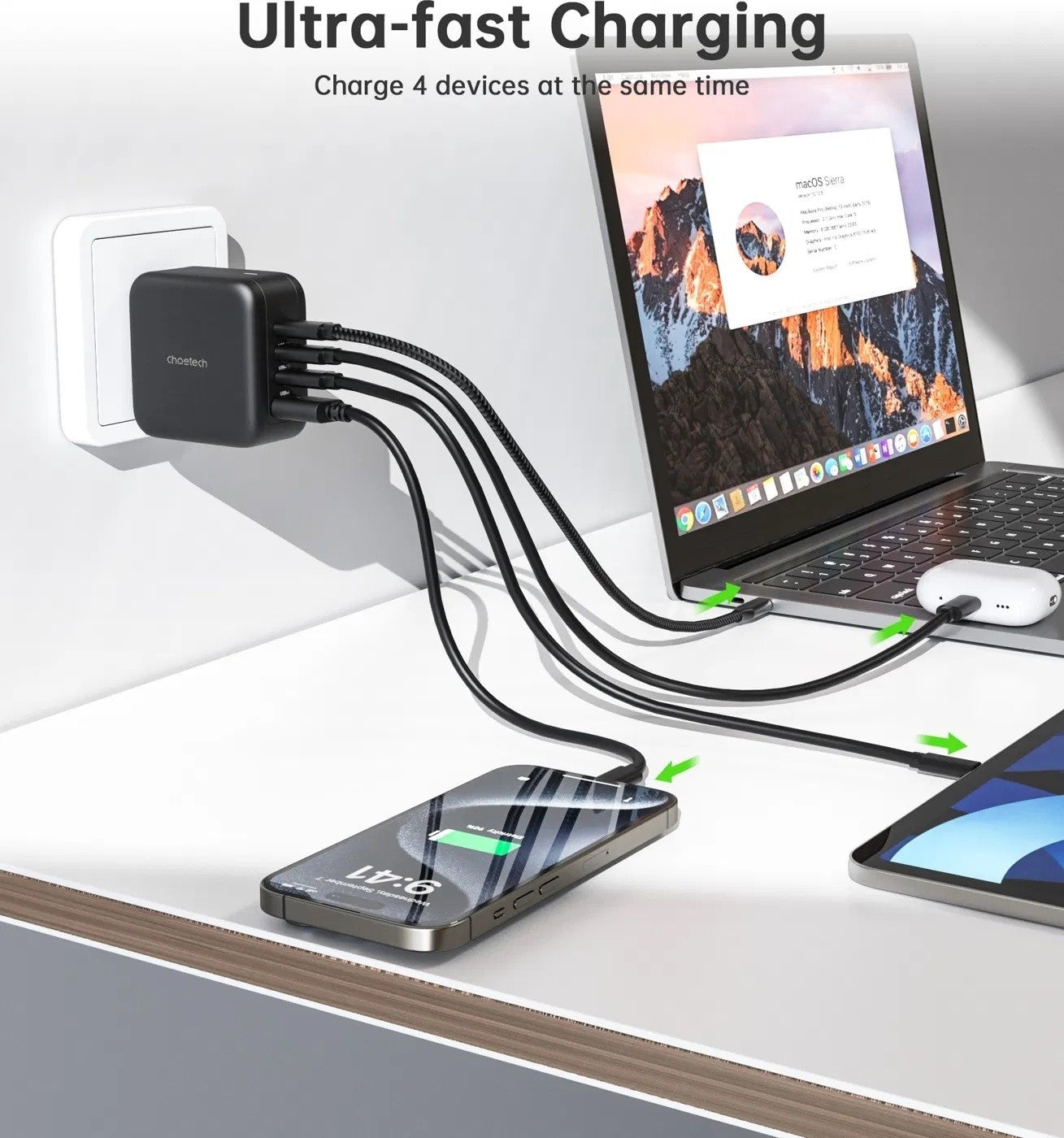CHOETECH PD6055 GAN USB-C + USB-A 70w Travel Charger US/EU/UK/AU