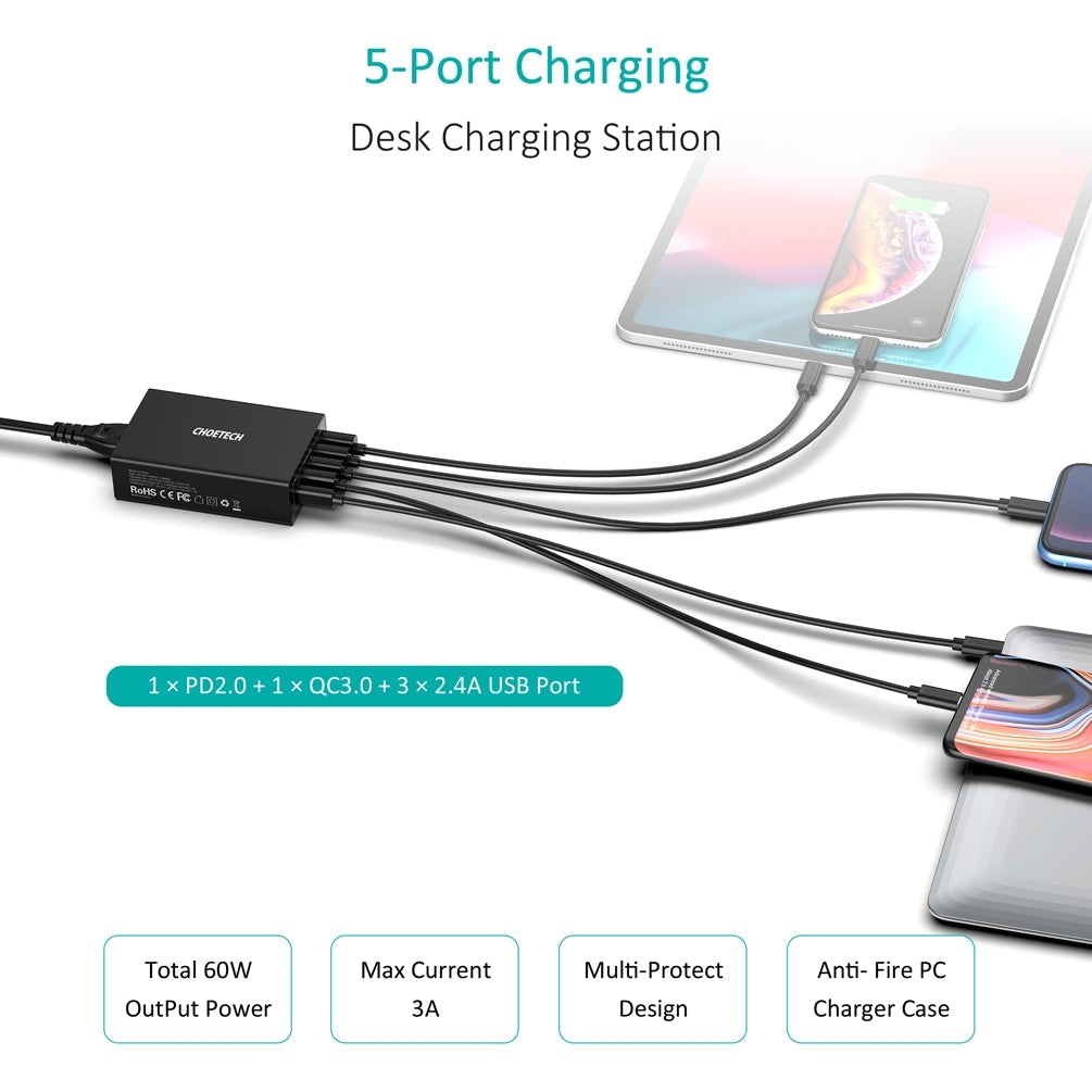Q34U2Q 5-Port 60W PD Charger with 30W Power Delivery and 18W Quick Charge 3.0