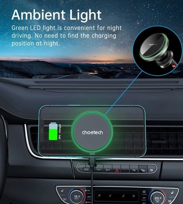 CHOETECH T205-F 15W Magnetic Car Charger Holder with LED Light PC housing