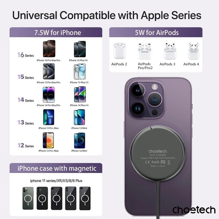 T697-F 15W/7.5W/5W magnetic charger for iPhone, Air Pods and more 1.5M Black