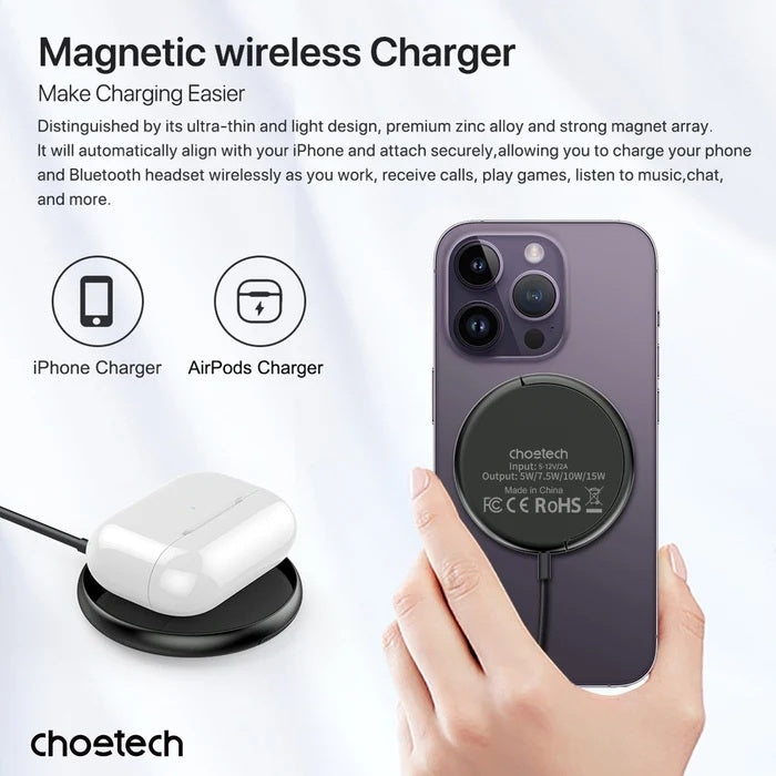 T697-F 15W/7.5W/5W magnetic charger for iPhone, Air Pods and more 1.5M Black