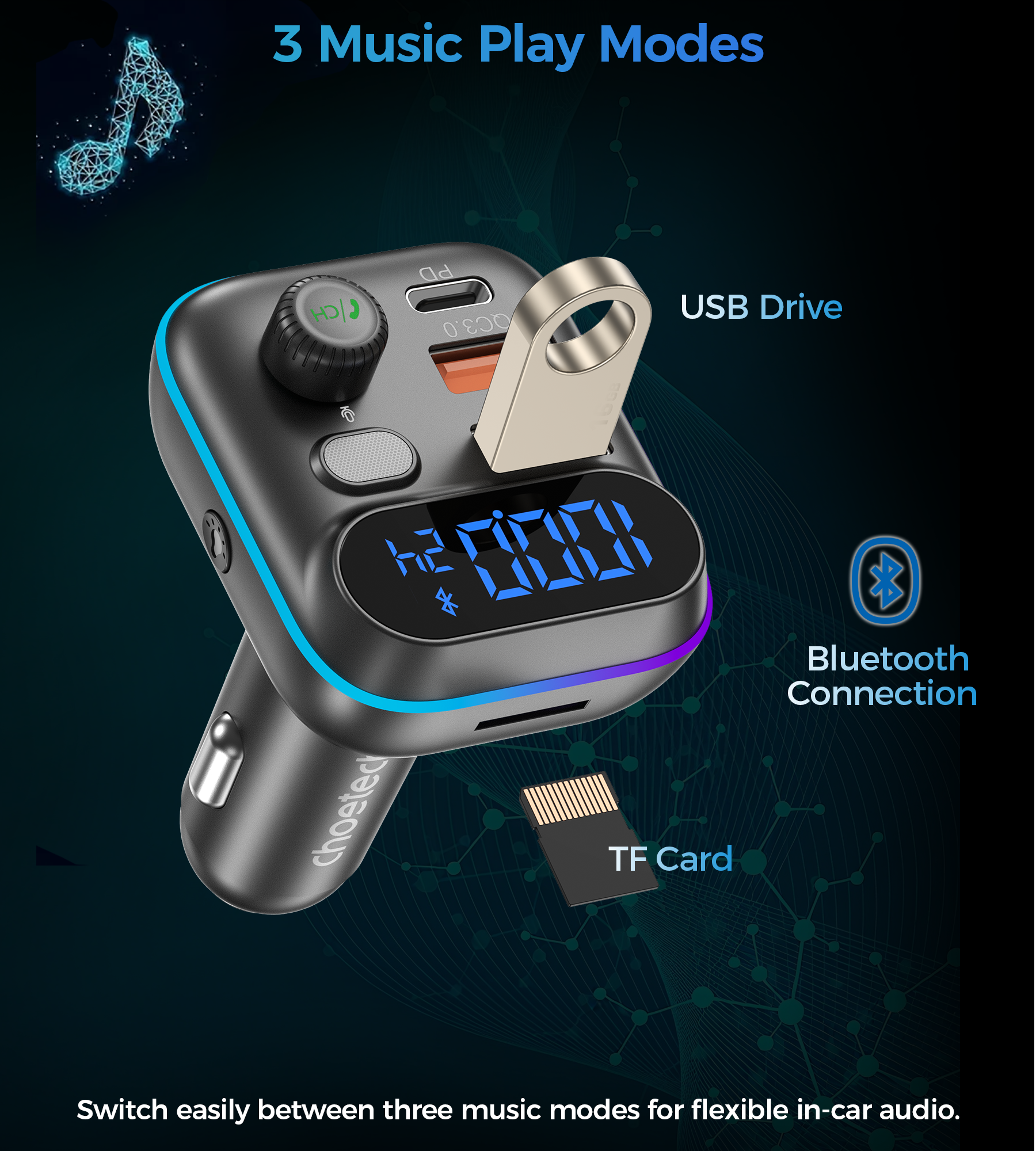 CHOETECH TC0050 Bluetooth 5.3 FM Transmitter Car Charger 36W PD USB-C Hands-Free